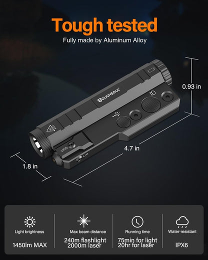 ToughSoul Mlok Flashlight Laser Sight Combo - 1450 Lumen Brightness with Green Laser & Strobe Function | Replaceable Battery Included