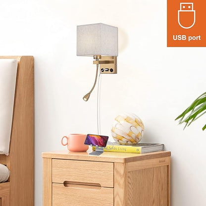 Wall Sconces, Hardwired Wall Lamp with USB Port White Fabric Shade Bedside Wall Lights with Reading Lamp for Bedroom Living Room Hotels and Office (Gold)
