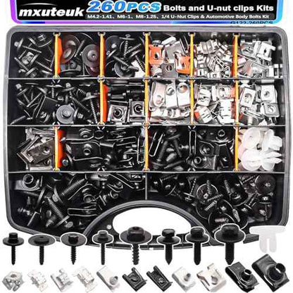mxuteuk 260PCS U-Nut Clips & Automotive Body Fender Bolts Kit,for Most Cars Fender,Engine Undertray Cover, Engine Cover & Bumper Fender Liner