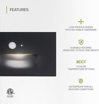 ASD LED Recessed Step Light Fixture, Dusk to Dawn Outdoor Tread Lighting | 3CCT, Motion Sensor, Photocell, Waterproof, ETL Listed | 3W 120LM 3000K-5000K 120V | Staircase Illumination | Black, 4 Pack