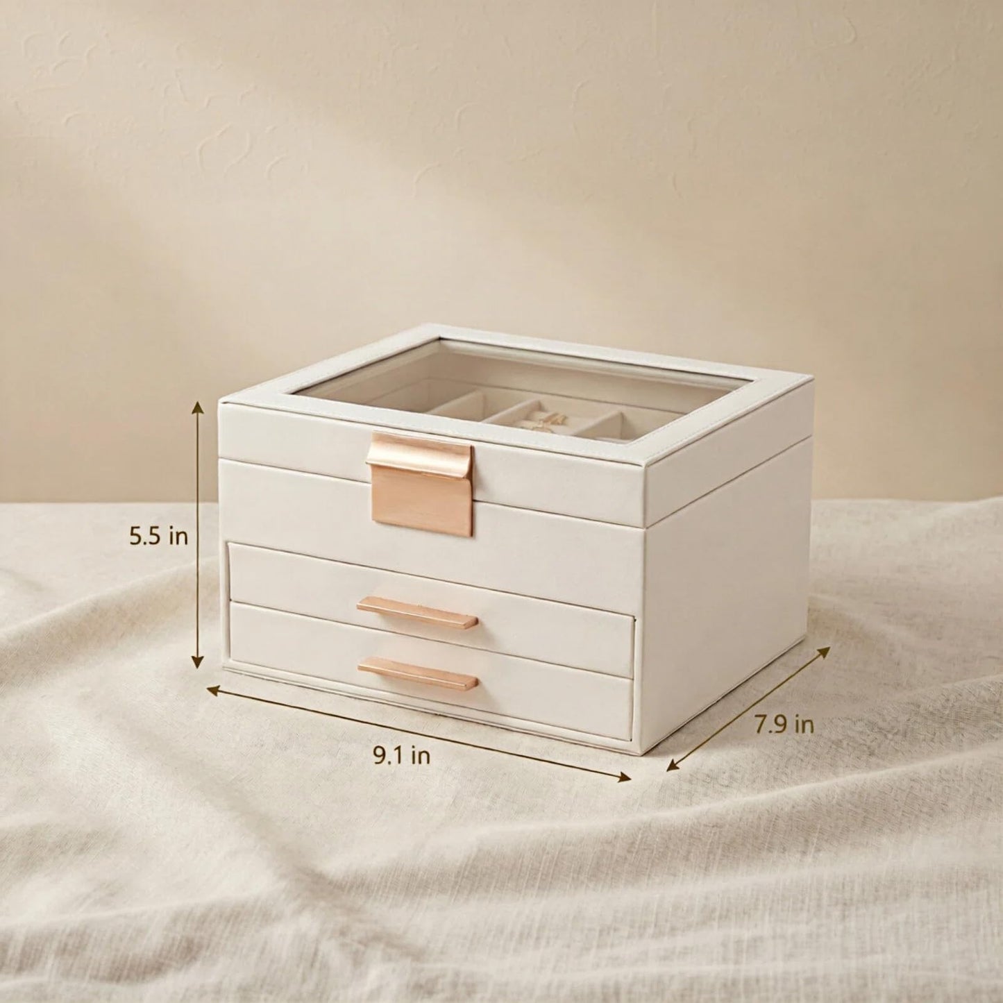 Vandozis Jewelry Box Organizer with Glass Lid, 3-Layer with Double Drawers, Luxury Velvet Lined Desktop Display Case for Earrings Rings Necklaces, Gift for Women Girls (White)