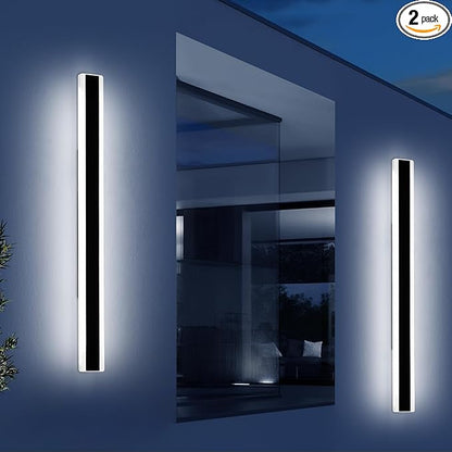 2 Pack 57inch Exterior Wall Light Fixture, 6000K Cold White, Modern Long Outdoor Wall Sconce, IP65 Waterproof, 50W, Black Outside LED Strip Lighting for Garage, Patio, Balcony, Fence