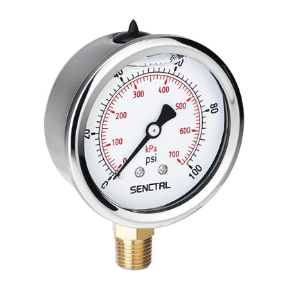 SENCTRL 100 Psi Lead-Free Glycerin Liquid Filled Low Pressure Gauge, 2.5" Dial Size, 1/4" NPT Lower Mount, Stainless Steel Case, for Home Potable Water Pump, Air, Well, RV Hose, Pressure Test