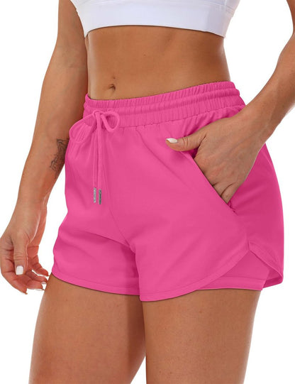 Mancreda Women's Running Shorts with Liner 3 Zipper Pockets Elastic Workout Athletic Gym Yoga Shorts(HPK,XL) Hot Pink