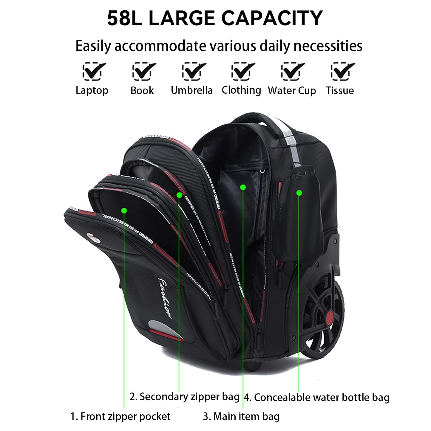 WMHYLYH Waterproof Rolling Backpack for Women and Men, Laptop Backpack with Wheels for Adults, Carry on Backpack with Large Wheels for Travel and Business Commuter (Black, 22inch)