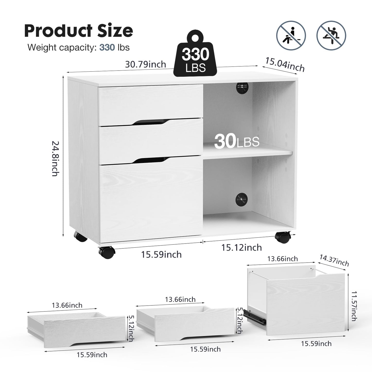 DUMOS Lateral File Cabinet with 3 Drawers Rolling Filing Cabinets Under Desk Storage Printer Stand Wood Organizer with Wheels Adjustable Shelf for Office Home Small Space, White