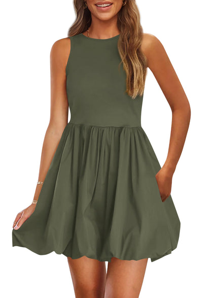 PRETTYGARDEN Summer Dresses for Women 2025 Casual Sleeveless Tank Mini Short Dress Crew Neck Bubble Sundress with Pockets (Army Green,Medium)