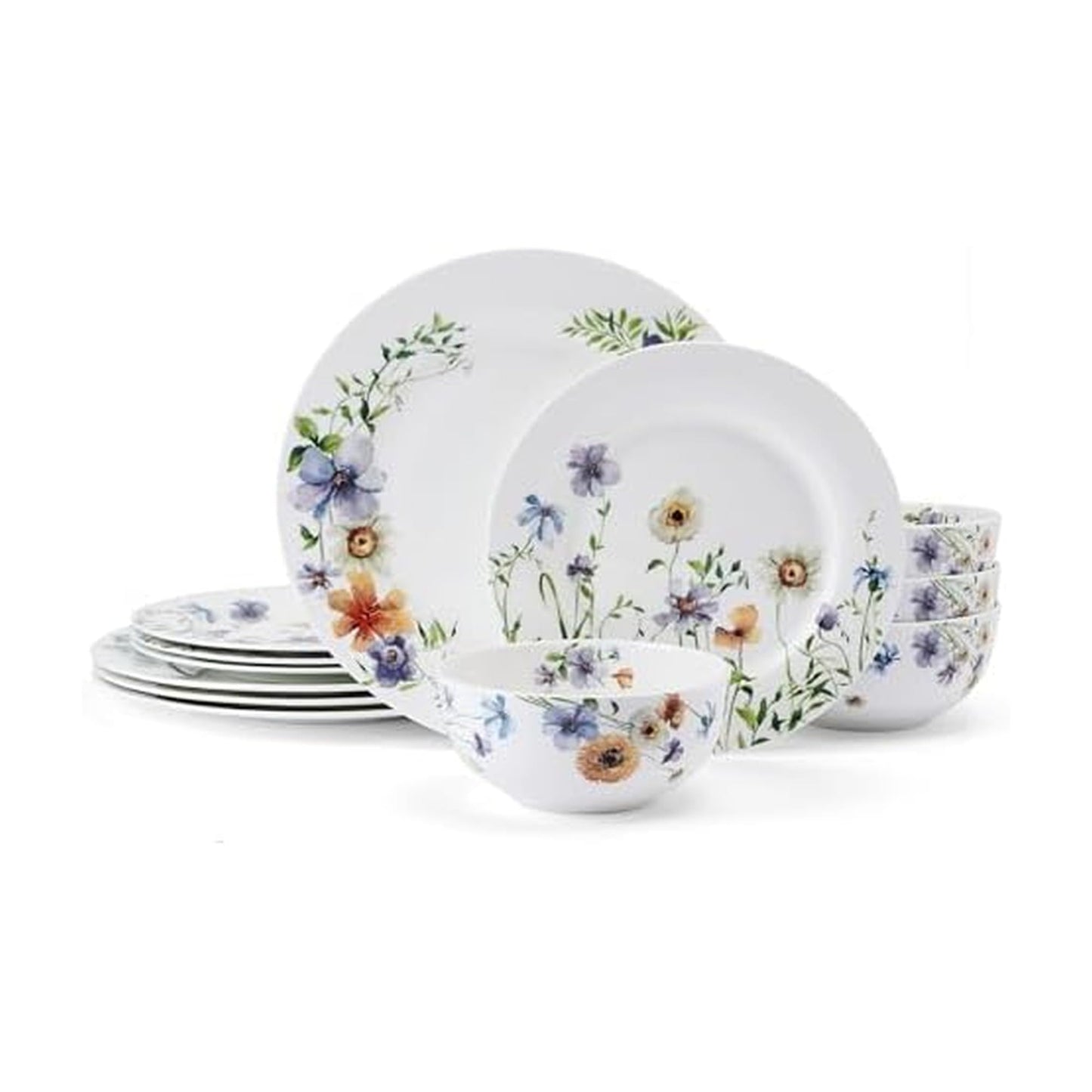 Mikasa Audrina Water Color Flowers Bone China Lightweight Chip Resistant 12 Piece Dinnerware Set, Service for 4, White