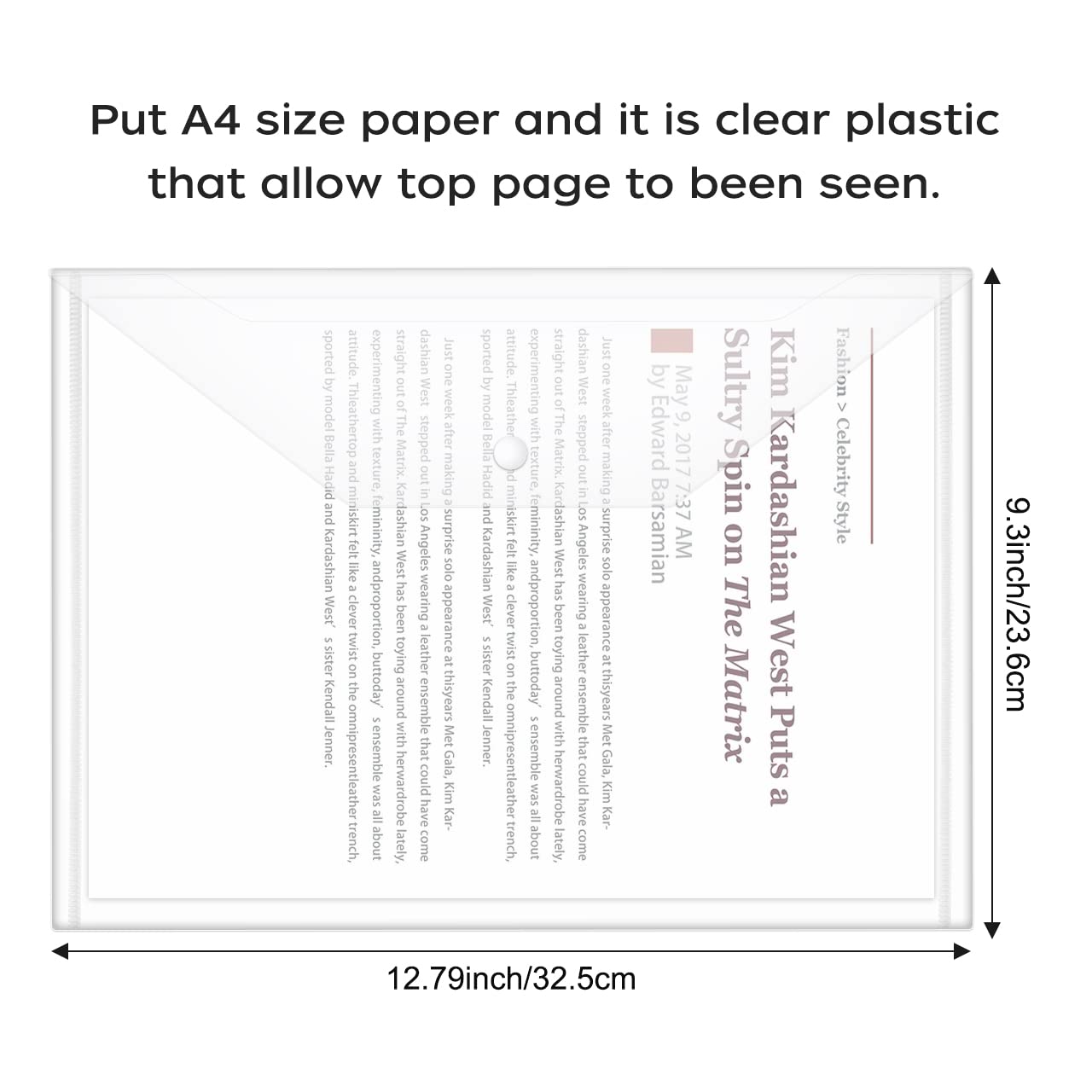 JIKIOU 30pcs Plastic Envelopes, Clear Reusable Poly Envelope Waterproof File Folder with Snap Button, Us Letter/A4 Size
