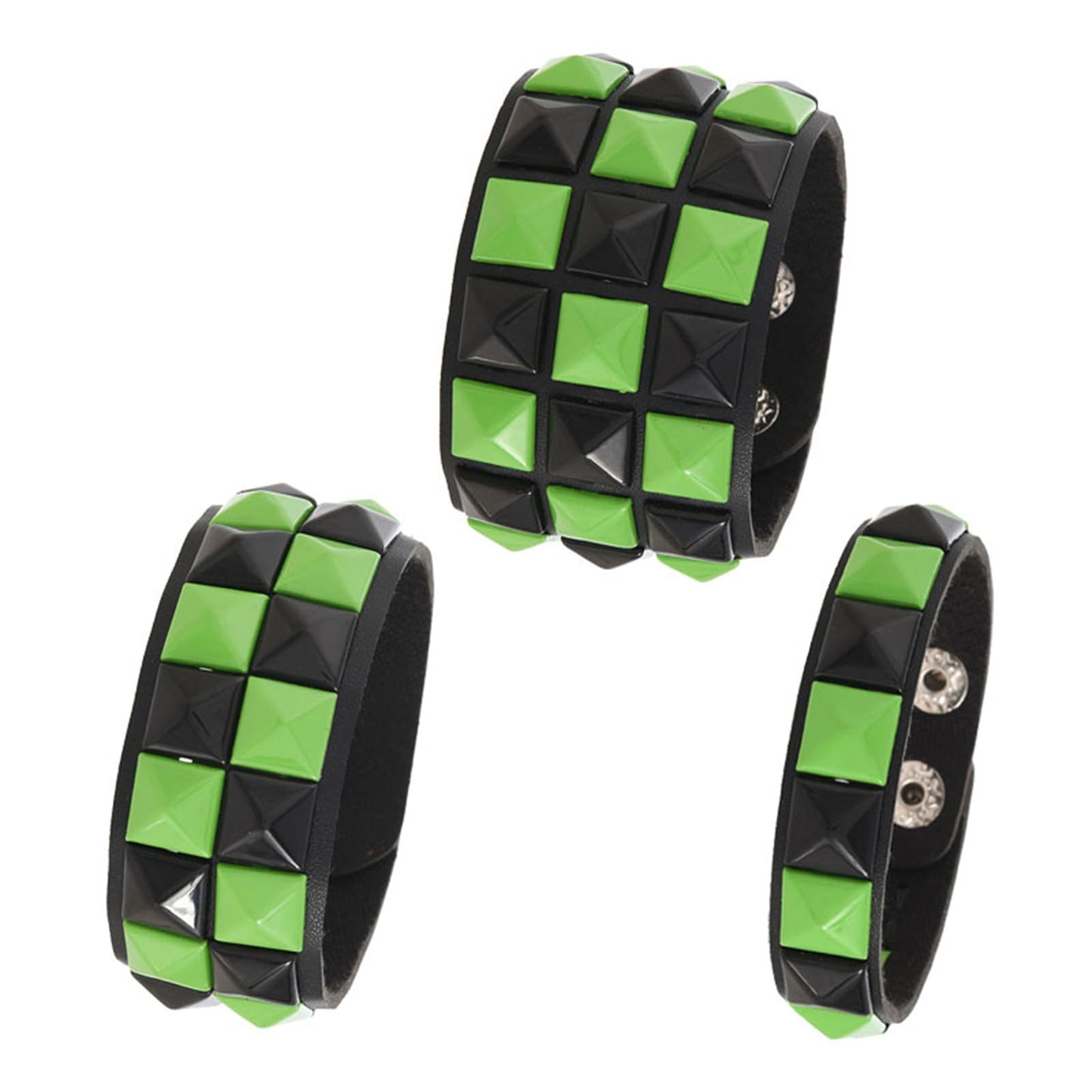 Dreuyet 3 Piece Checkered Leather Bracelet Set Black White PU Wristband Adjustable Gothic Punk Style Halloween Accessories for Men Women (Black Green)