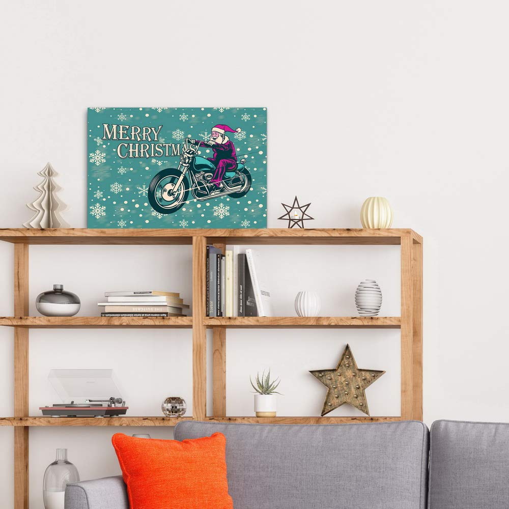 Renditions Gallery Motorcycle Santa Wall Art, Aqua Blue & White Snowflake Design, Funny Christmas Decorations, Premium Gallery Wrapped Canvas Decor, Ready to Hang, 8 in H x 12 in W, Made in America