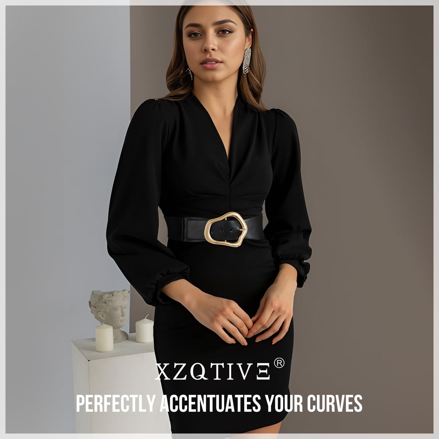 XZQTIVE Women Wide Elastic Waist Belt for Dresses Fashion Big Gold Buckle Stretchy Leather Waistband for Ladies, Black, 100cm