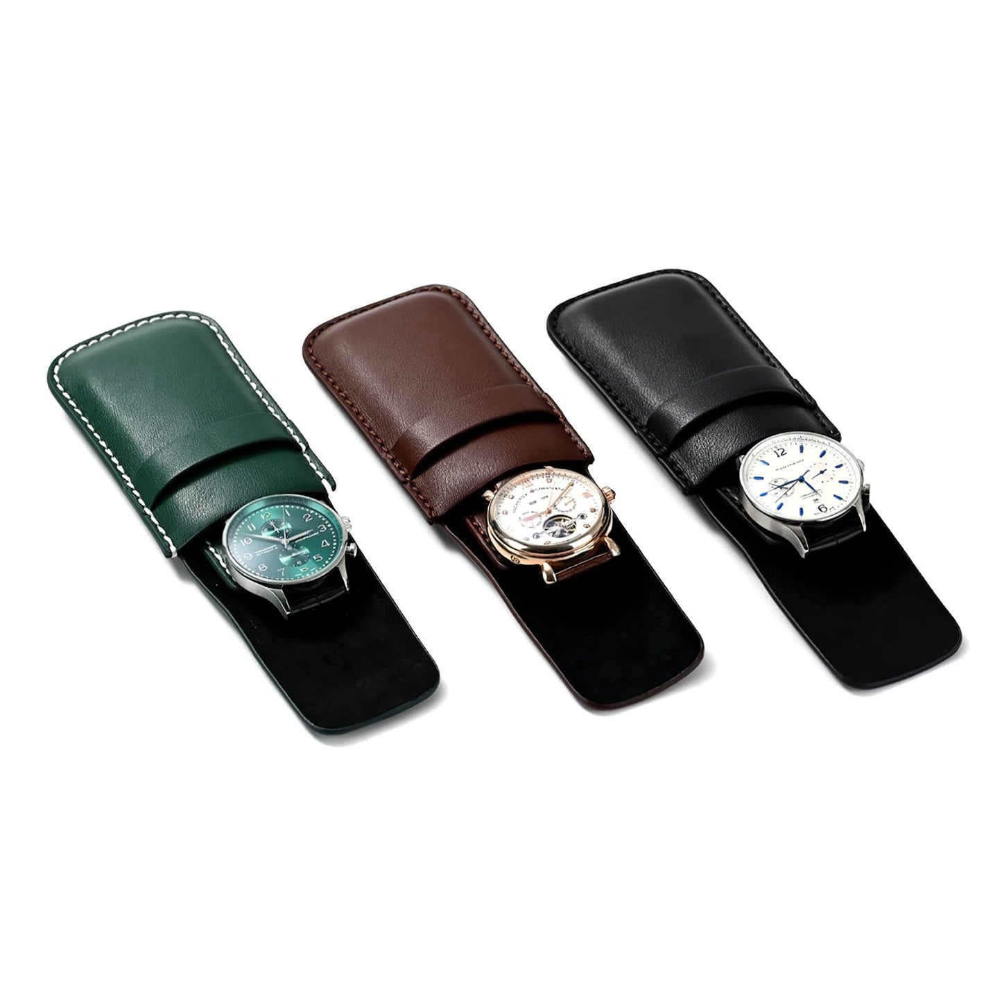 Papten Luxury PU Leather Watch Pouches Portable Single Watch Travel Case Travel Bag For Travelling Business Trip (Green)