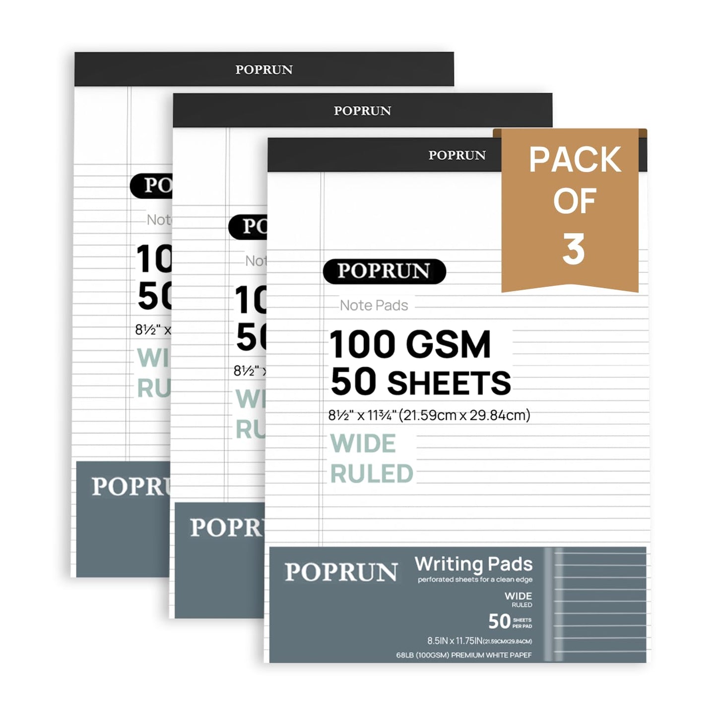 POPRUN White Legal Pads 8.5 x 11.75 Wide Ruled, 100GSM Writing Paper Pad, Bulk Lined Notepad Notebooks for Work School, Classroom Office Supplies, 3 Pack