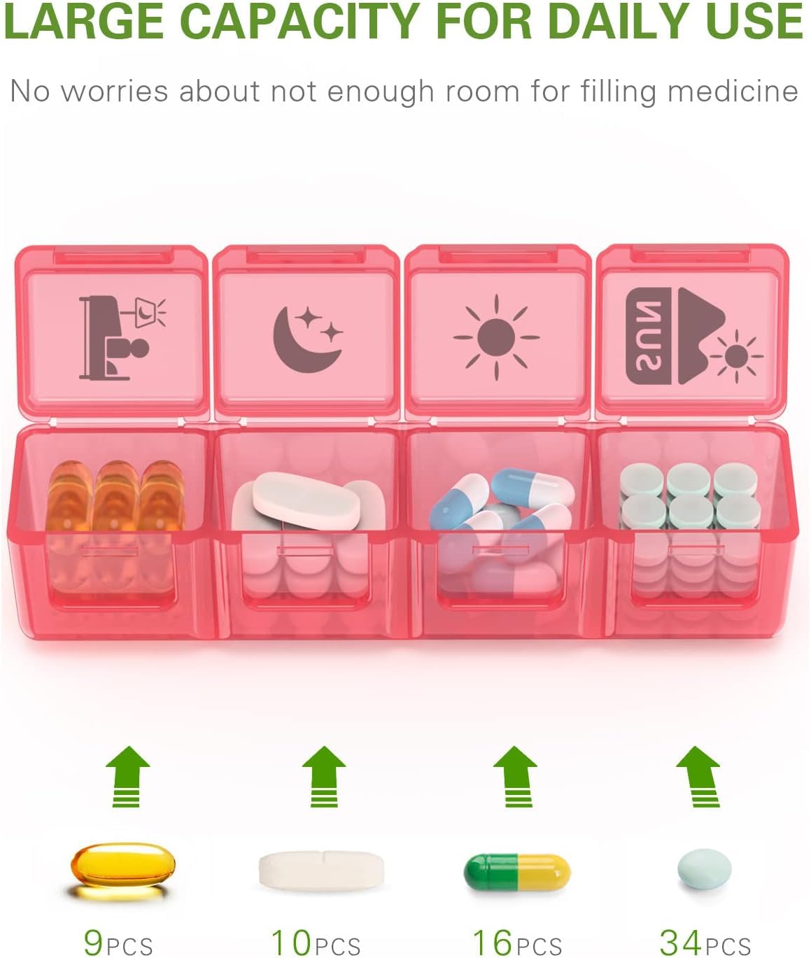 Fullicon Large Weekly Pill Organizer 4 Times a Day,7 Day Pill Box, Portable Medicine Organizer for Supplements Vitamin Pill Case Black