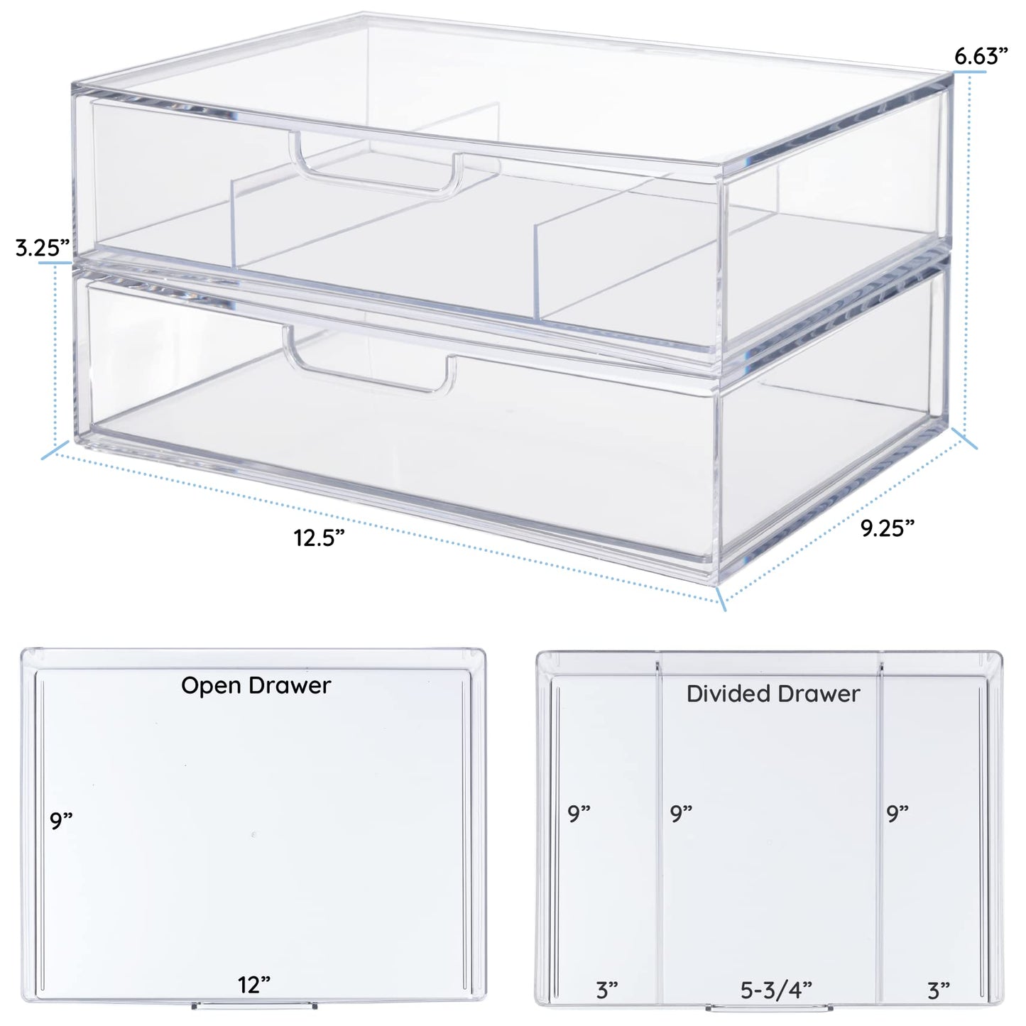 STORi STAX Plastic Stackable Organizer Drawers (Set of 2) Clear | 12.5" Wide | Set Includes One Open Drawer & One Divided Drawer | Organize Office Desk Accessories & Sort Paper | Made in USA