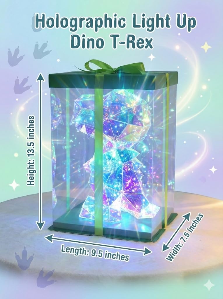 Aladdinas LED Dinosaur T-Rex Night Light, Holographic Iridescent Design, Nursery Decor Display Box with Ribbon (T-REX Dinosaur, Medium)
