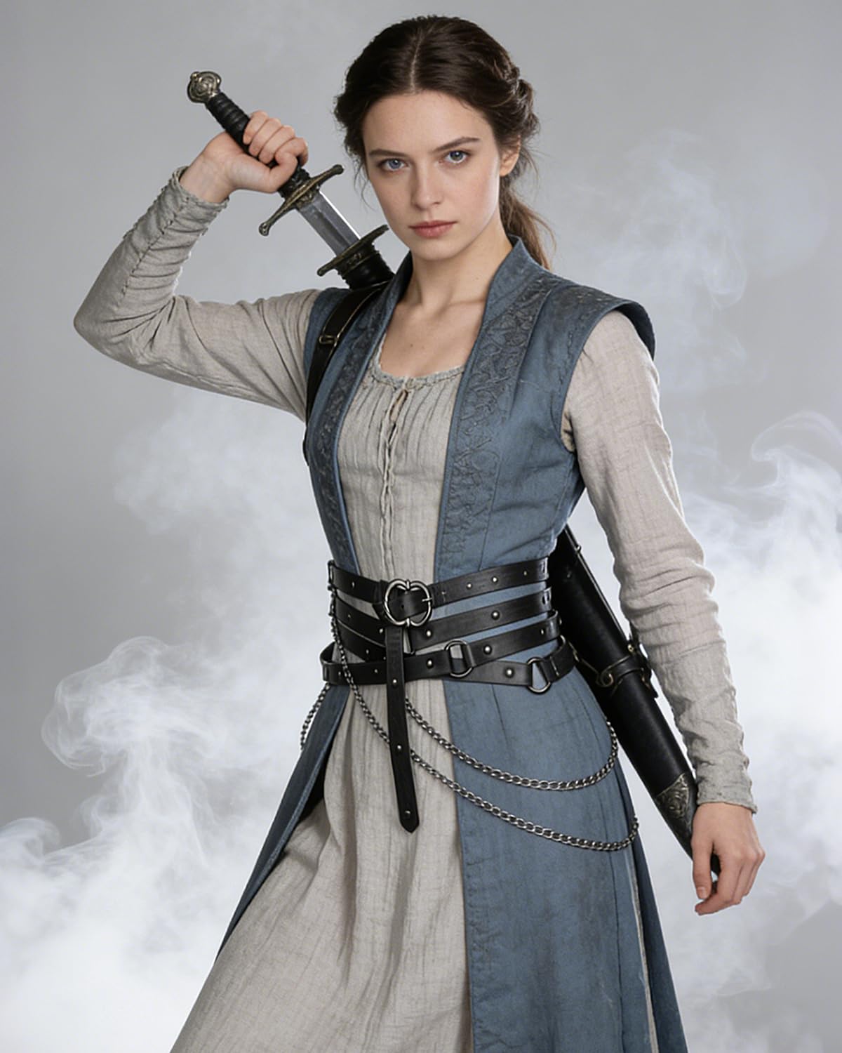 L'VOW Medieval Chain Leather Belt for Women Vintage Thin Belt for Renaissance Dresses Cosplay(StyleA,Black)