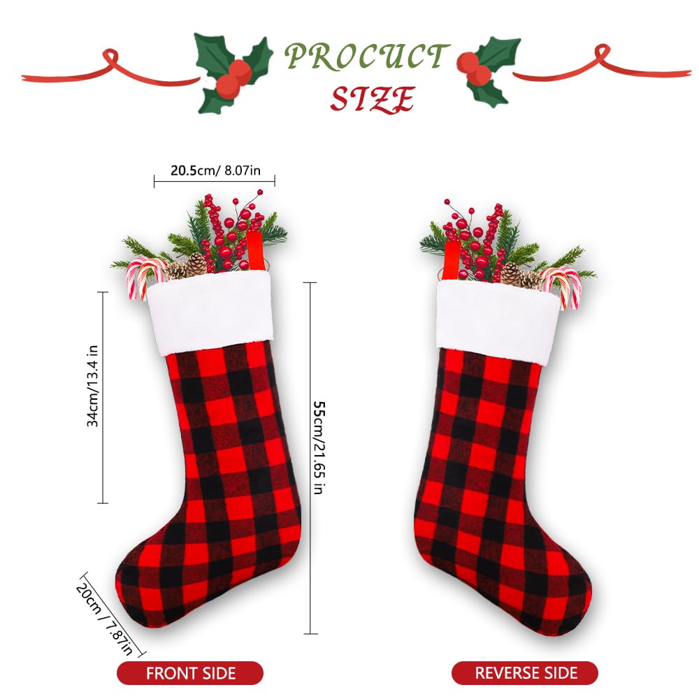 YUJUN 6 Pack 22 Inches Christmas Stockings, Xmas Large Black Red Buffalo Plaid Hanging Stockings Decorations for Christmas Tree Fireplace Family Holiday Party Decor