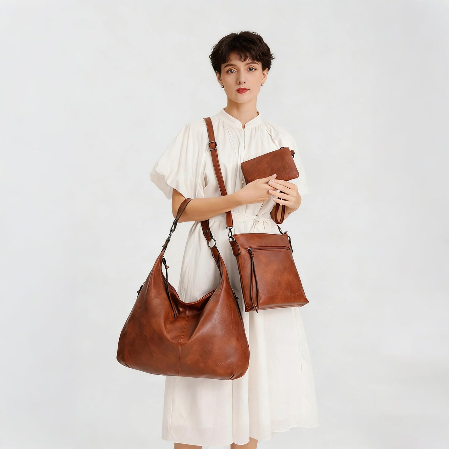 Auralith Soft Leather Handbags for Women - 3 Piece Set with Crossbody Purse & Wristlet, Large Hobo Bags for Work Travel Daily (Brown)