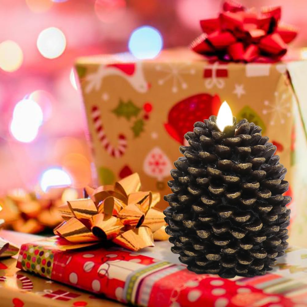 Eldnacele Pine Cone Flameless Candles Battery Operated with 6 Hour Timer Unscented Real Wax Flat Wick Flickering Pinecone LED Candles Christmas Home Holiday Decoration(2 Pack Brown)