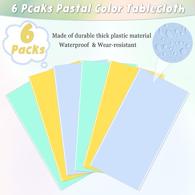 6 Packs Disposable Plastic Tablecloths 54 x 108 Inch Cool Tones Color Rectangle Tablecloth Waterproof and Oil-Proof Table Covers for Boy Birthday Picnic Easter Party Decorations