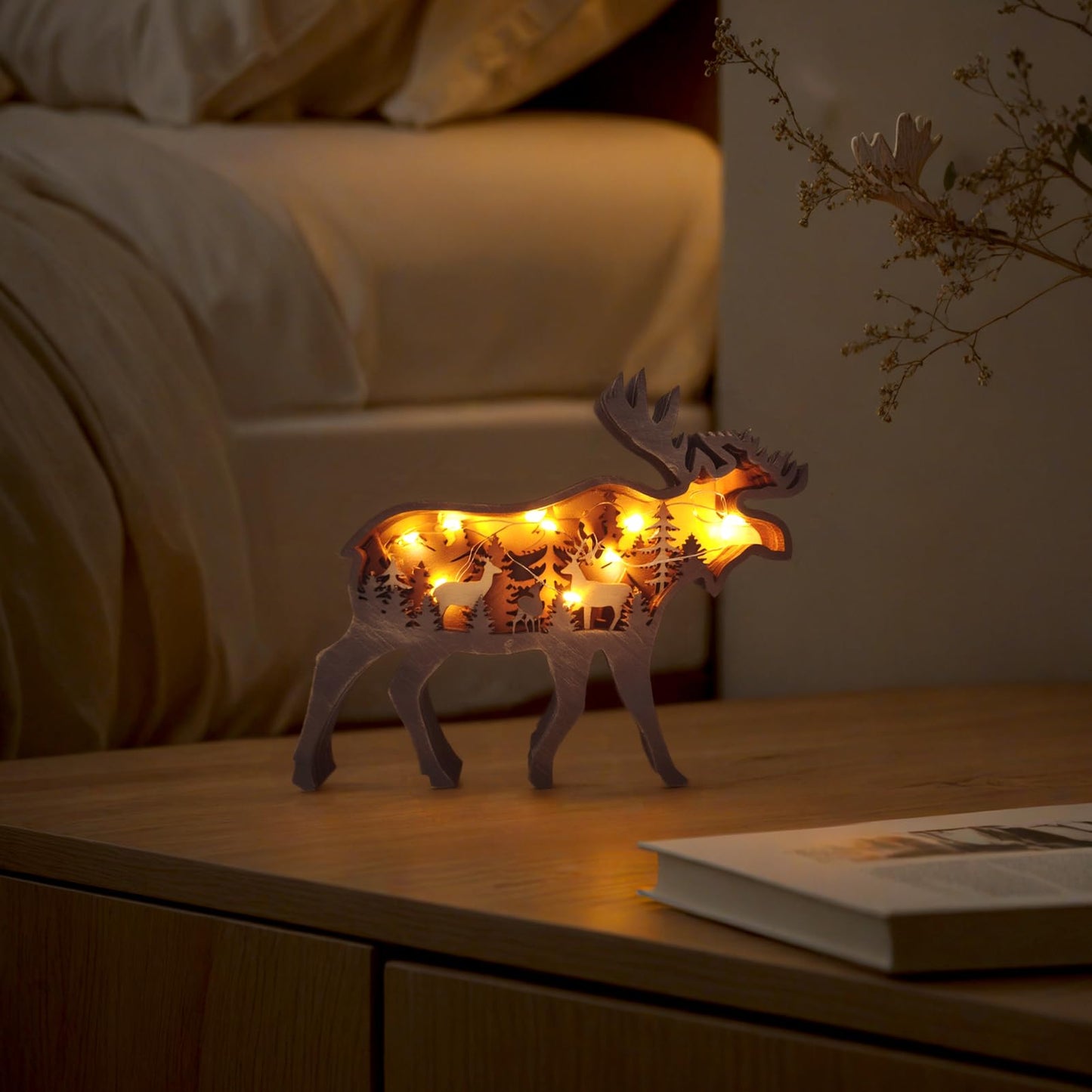 Drawelry 3D Wood Carving Animals Lamp Home Decorative, Cute Bear Family Elephant Presents Ideas Christmas Living Room Office Decor Warm LED Night Lights Gift for Friend Daughter Son Mom Dad (Moose)