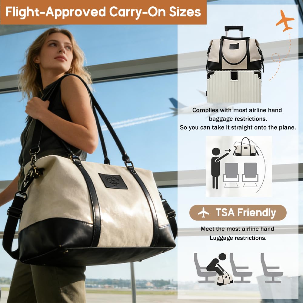 Travel Duffle Bag for Women, Canvas Carry On Weekender Overnight Bags with Wet Pocket, Gym Tote Bag for Business Trip Sports (Beige Black)