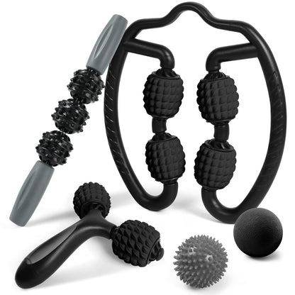 Odoland Massage Set - 360 Trigger Point, Muscle Roller Stick, Y Shaped Handheld, 2 Massage Balls for Legs, Arms - Myofascial & Deep Tissue Pain Relief - Black