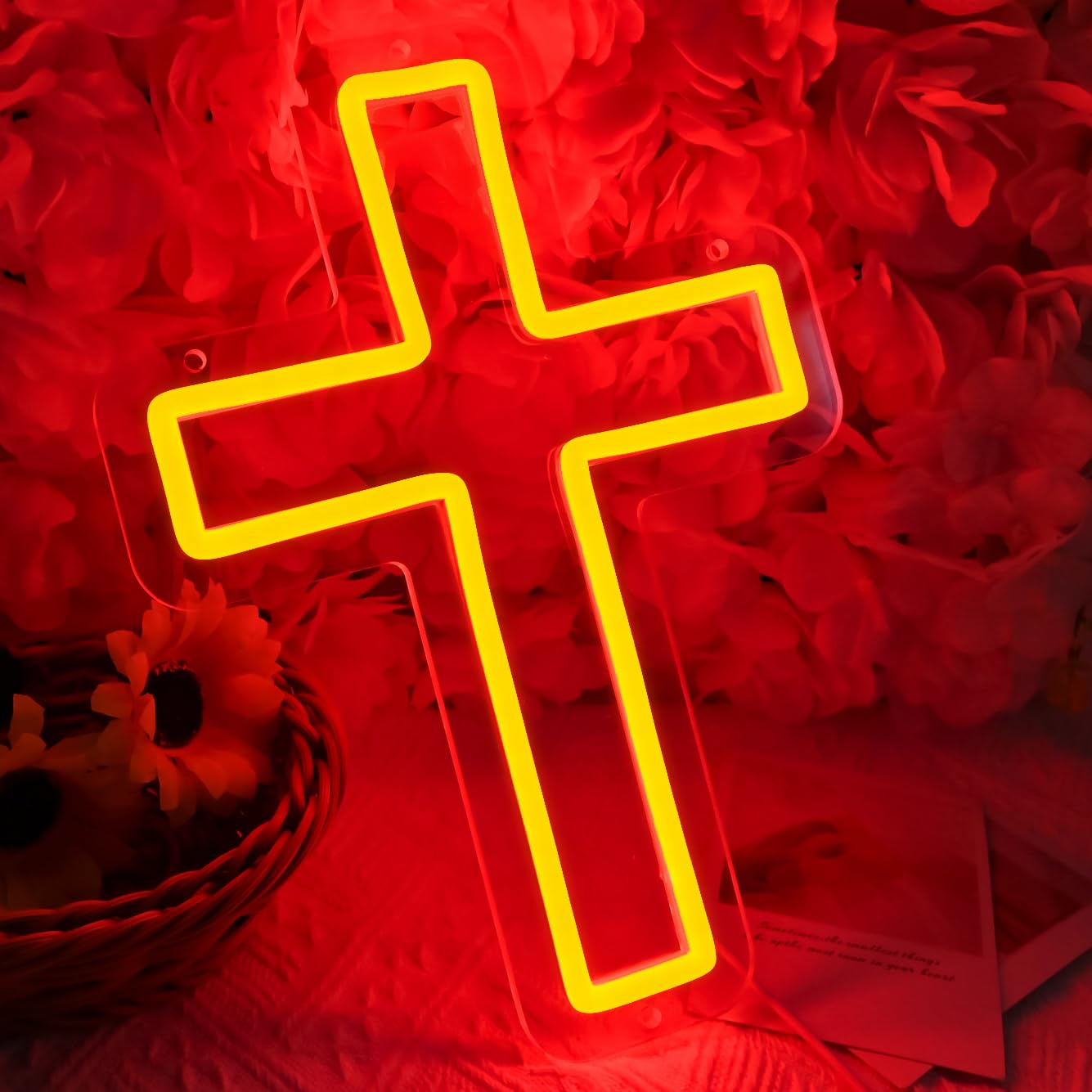 SYLHOME Cross Led Neon Light Sign Kids Bedroom Nursery Wall Sign Decor Christening Baby Shower Wedding Birthday Christmas Party Backdrop 11.8" X 8.66" USB Red