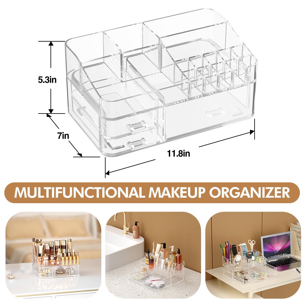 DALEMKY Makeup Organizer for Vanity, Acrylic Large Desk Organizer with Drawers, Ideal Vanity Holder for Cosmetics, Lipsticks, Nail Polish, Skincare, Countertop, Bathroom, Dresser