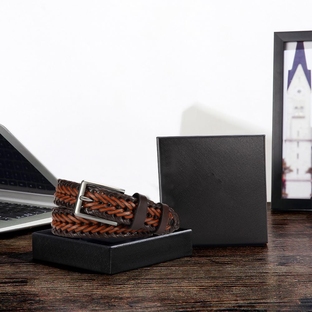 YOORAN Leather Braided Belts Men Golf Belt 1 3/8" Woven Belt Casual Jeans Gift Box