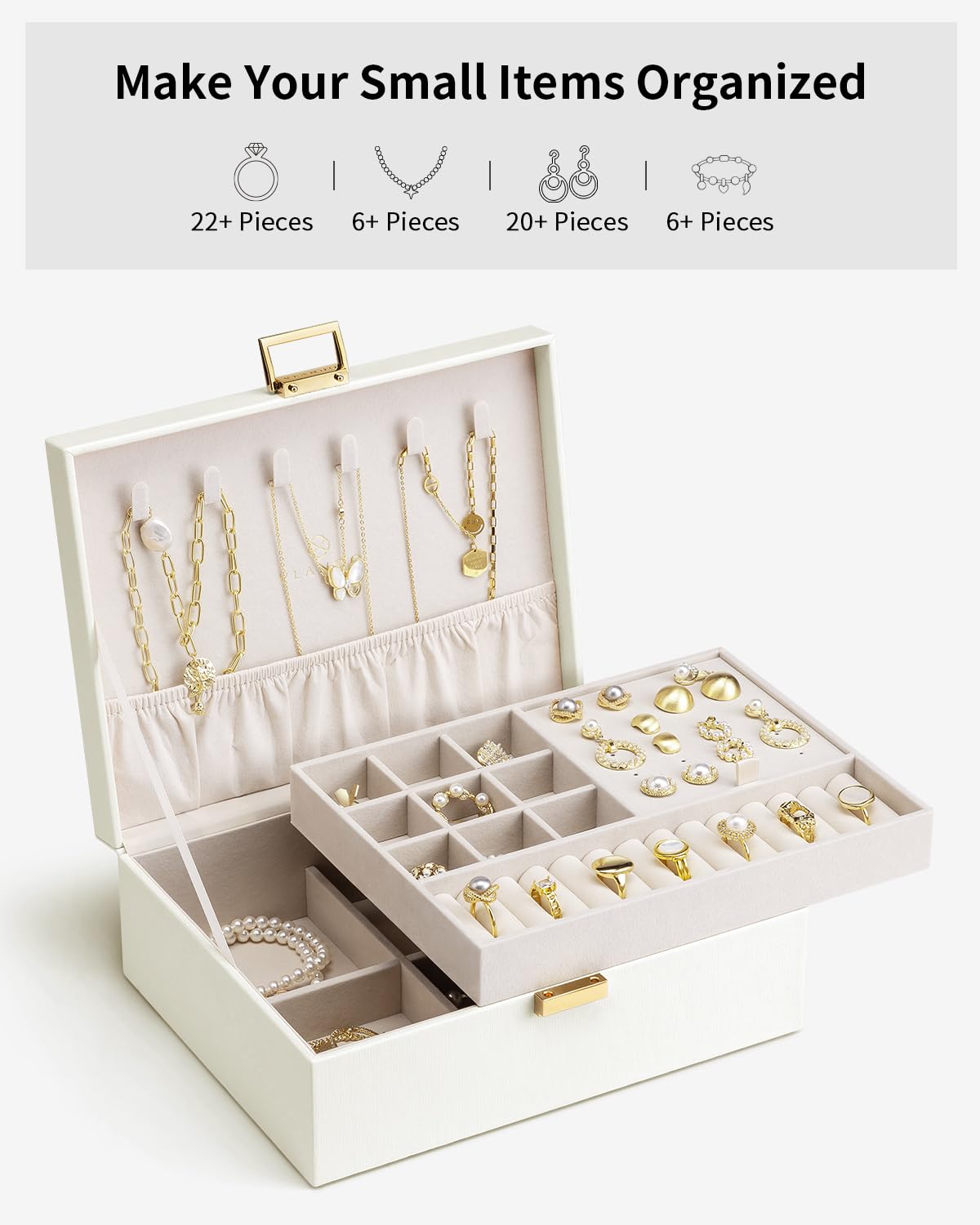 VLANDO Jewelry Box for Women, Gift for Women Girls,2 Layer Jewelry Box,Large Jewelry Organizer for Women Removable Jewelery Tray for Necklace Earrings Rings(Cream White)