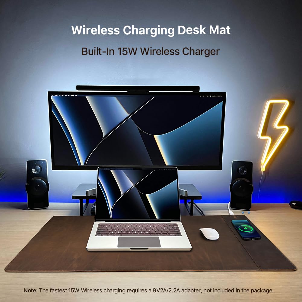 Contacts Full Grain Leather Wireless Charging Desk Mat with 15W Wireless Charger Type C Chargering Port Computer Desk Pad Large Mouse Pad 80x40 cm