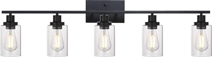 MELUCEE 40 Inches Length 5-Light Bathroom Vanity Light Fixtures Black Industrial Wall Sconce Lighting with Clear Glass Shade for Living Room Bedroom Hallway Kitchen (Patent No.: US D963914 S)