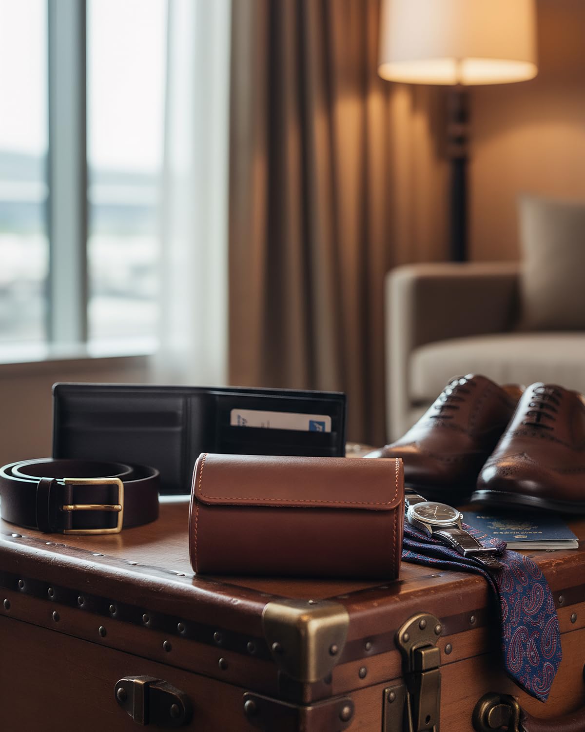 MR.OKAY 2 Watch Travel Case-Classic Leather Watch Case With Superb Texture.Portable Watch Roll Or Organizer For Storage And Display. Best Travel Gift for Men,All Handcrafted By Artisans.