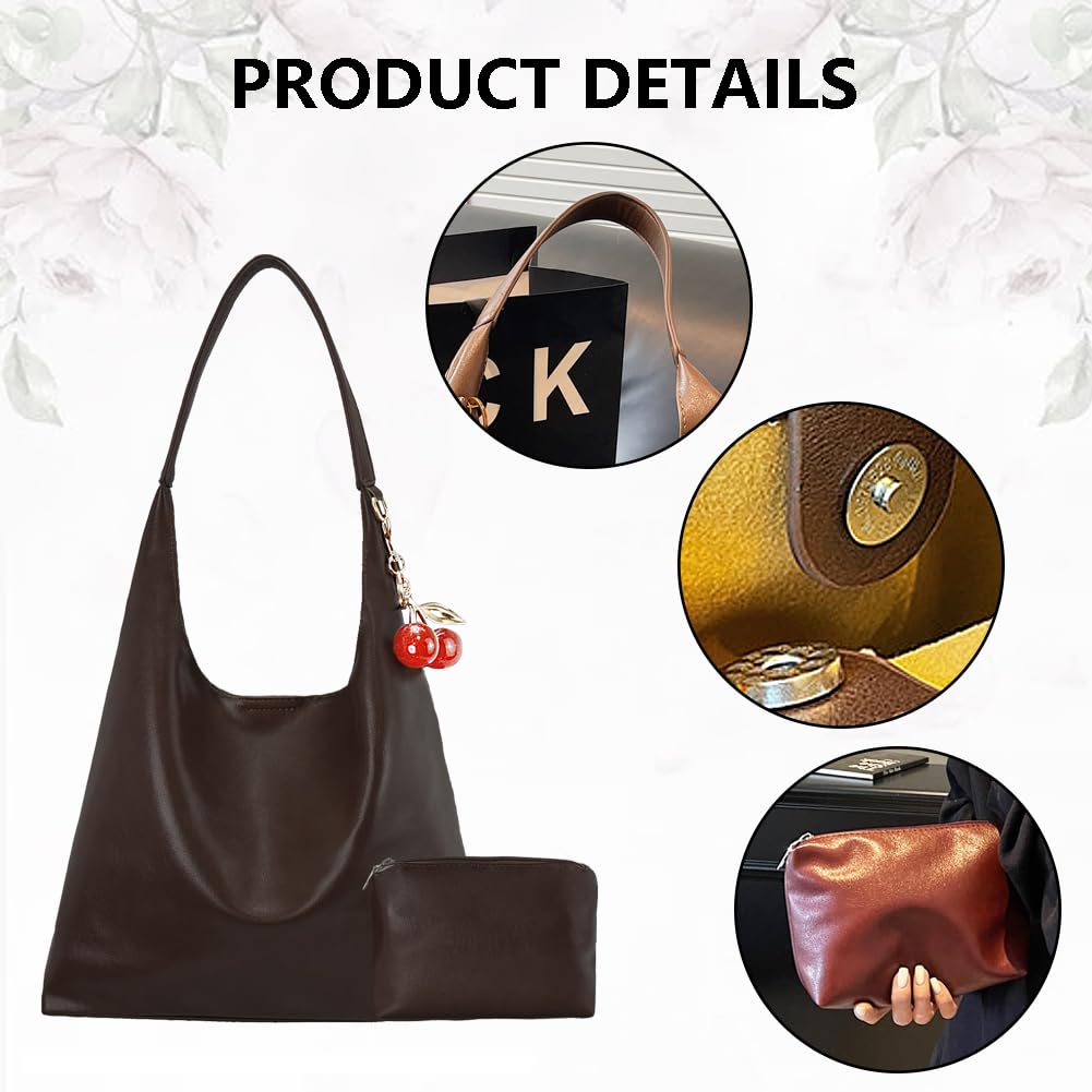 SongKedora Vegan Hobo Bag Cherry Leather Shoulder Purse Slouchy Designer Crossbody Bag for Women Retro Tote Handbag (Coffee)