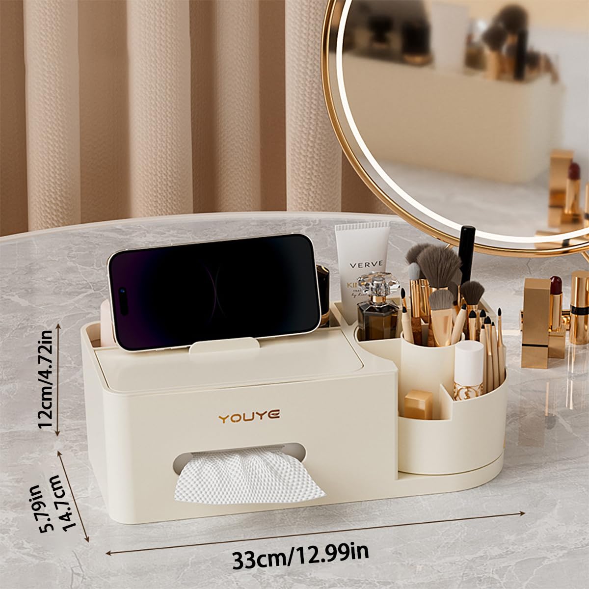 Aiabaleaft Multifunctional Organizer Rotating Brush Holder Makeup Organizer With Tissue Box for Study Table Living Room Dressers Home Office (White)
