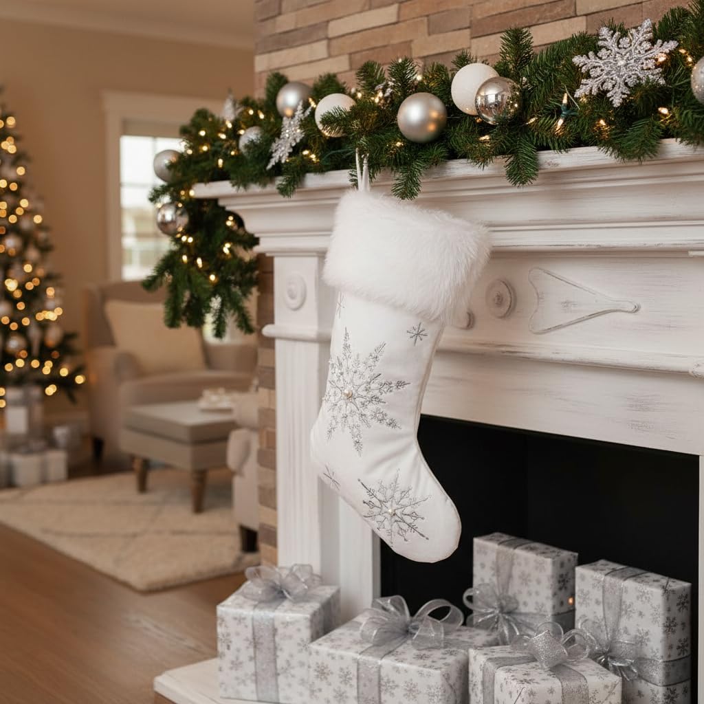 Comfy Hour 18" White Velvet Christmas Stocking, Soft Snowflake Embroidery with Faux Fur Trim, Elegant Holiday Mantel Hanging Decor, Winter Celebration Accent, Artisan Crafted Textile, 1 Unit