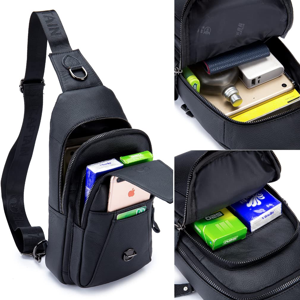 KPYWZER Vintage Leather Sling Bag Bags for Men Women Backpack Shoulder Messenger Crossbody Outdoor Travel Hiking Camping Tactical Chest Pack Daypack Black