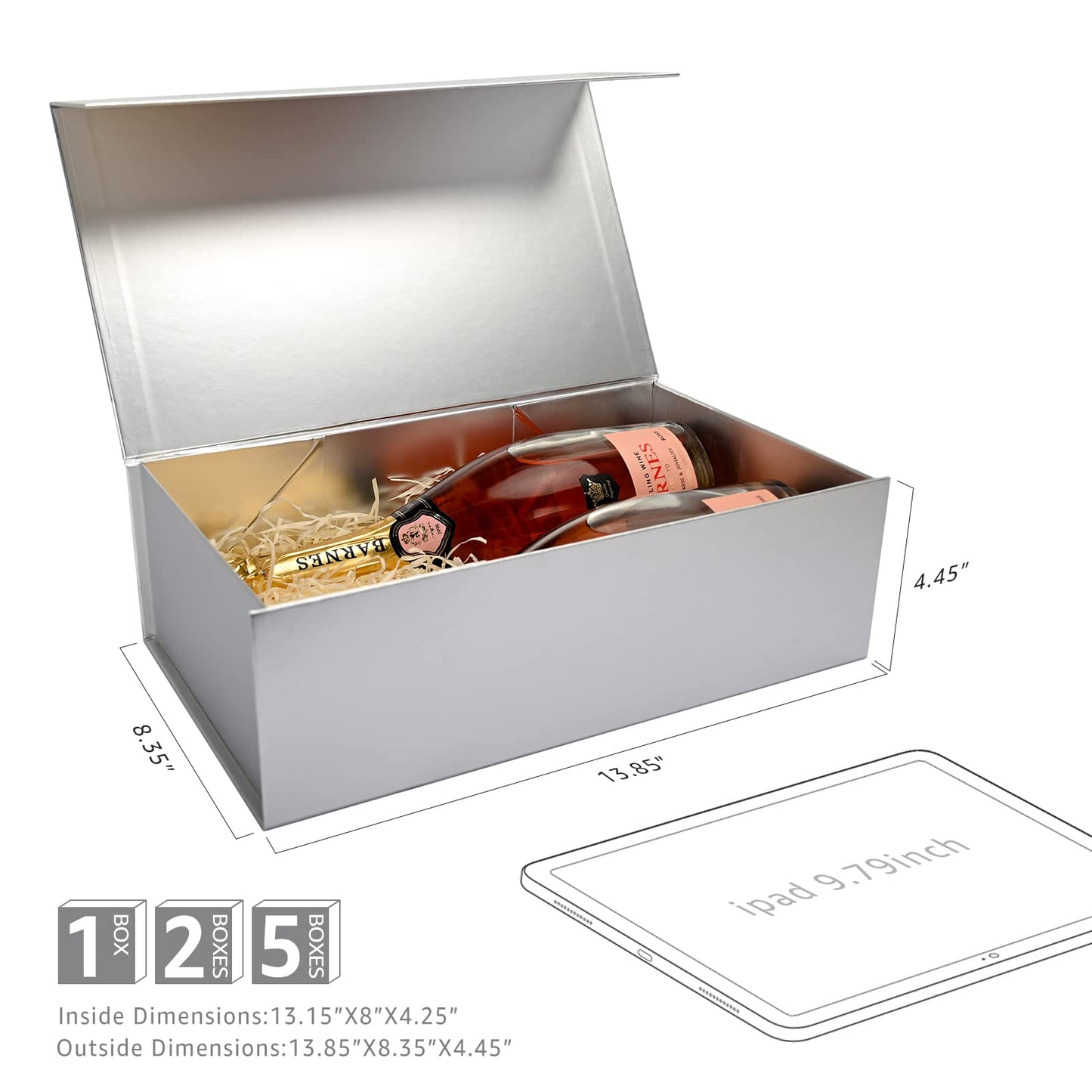 LIFELUM Gift Boxes with Lids, 1 Pack 13.8 x 8.3 x 4.4 inch Silver Gift Boxes with Ribbon, Card, Shredded Paper Filler for Presents, Graduation, Christmas, Birthdays