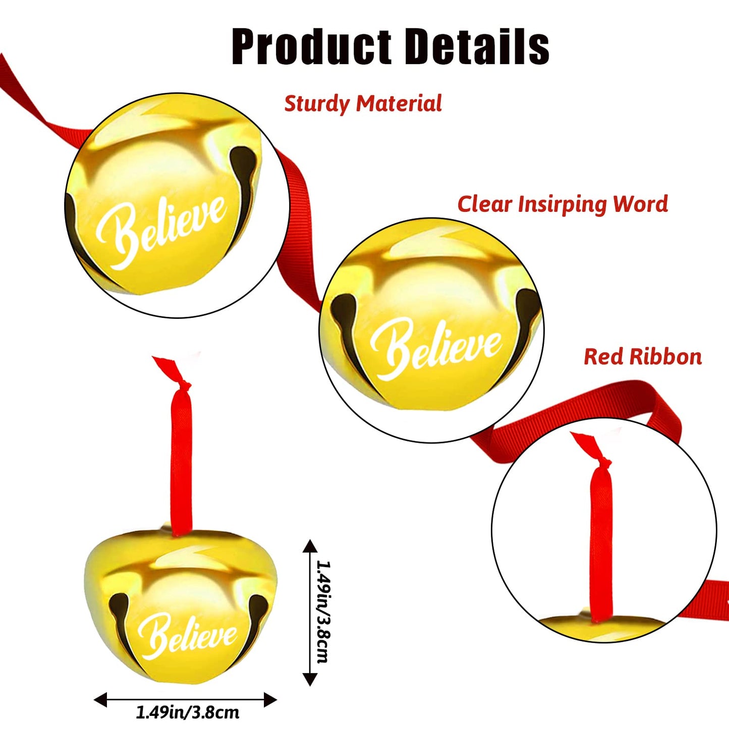 FOIMAS 30pcs 1.6 Inch Believe Bell Ornament Metal Christmas Sleigh Bells with Red Ribbon for Christmas Tree Holiday Decoration,Gold