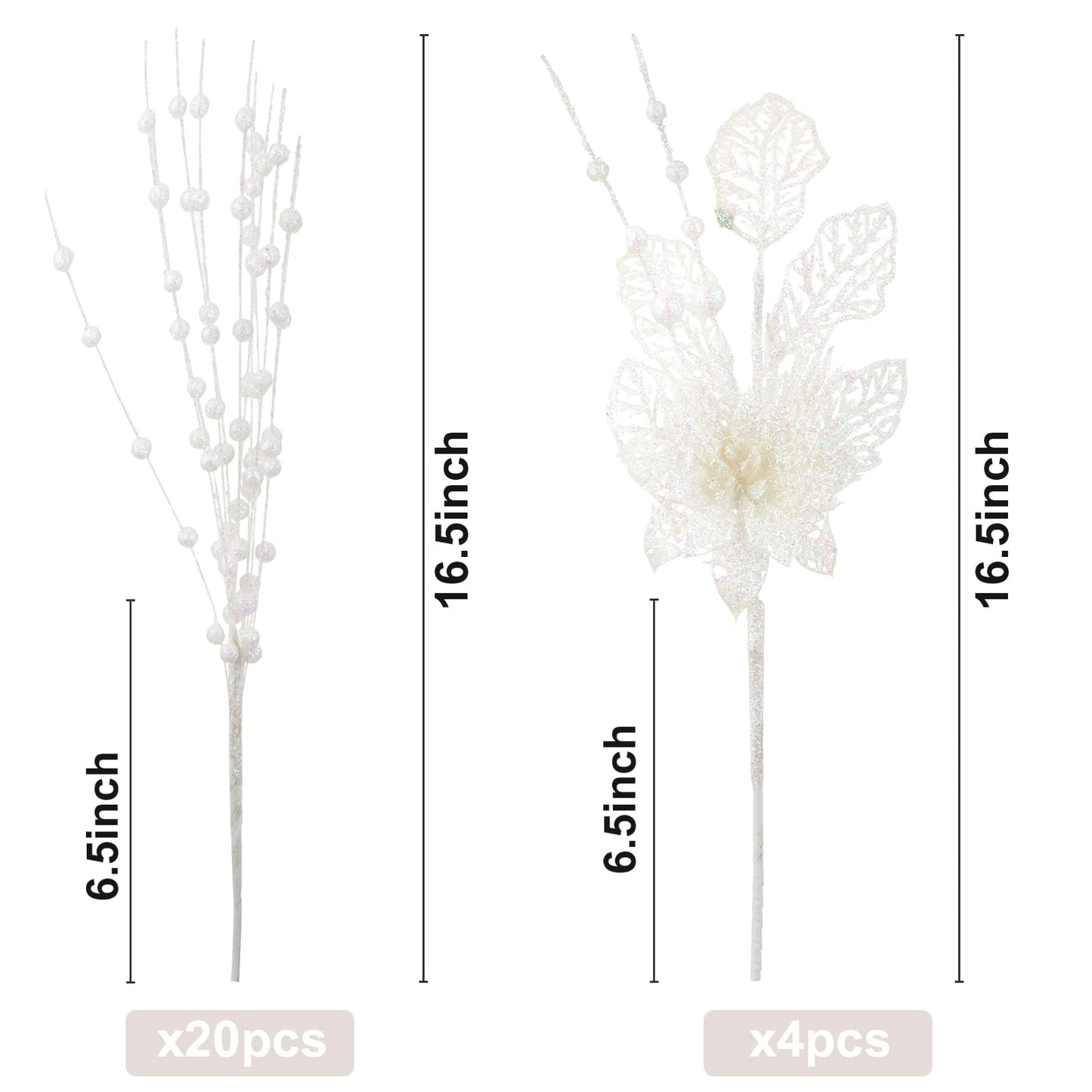 CristBest 24 Pack Christmas Tree Ornaments - Artificial Flowers Glitter Berry Stems Christmas Floral Picks Branches for Xmas Tree Decorations Vase Filler Holiday Wedding Party Home Decor (White)