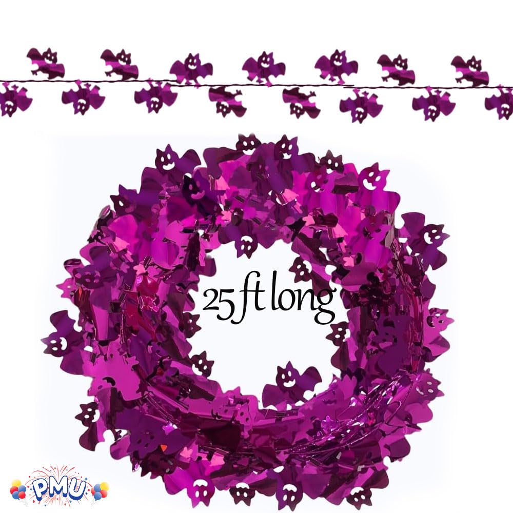 PMU 75 Ft Purple Bat Garland – Shiny Tinsel Wire Garland for Halloween, Mardi Gras & Birthday Party Decor, Holiday Garlands Ornament for Festive Home Decoration (3pc-25Ft Each)