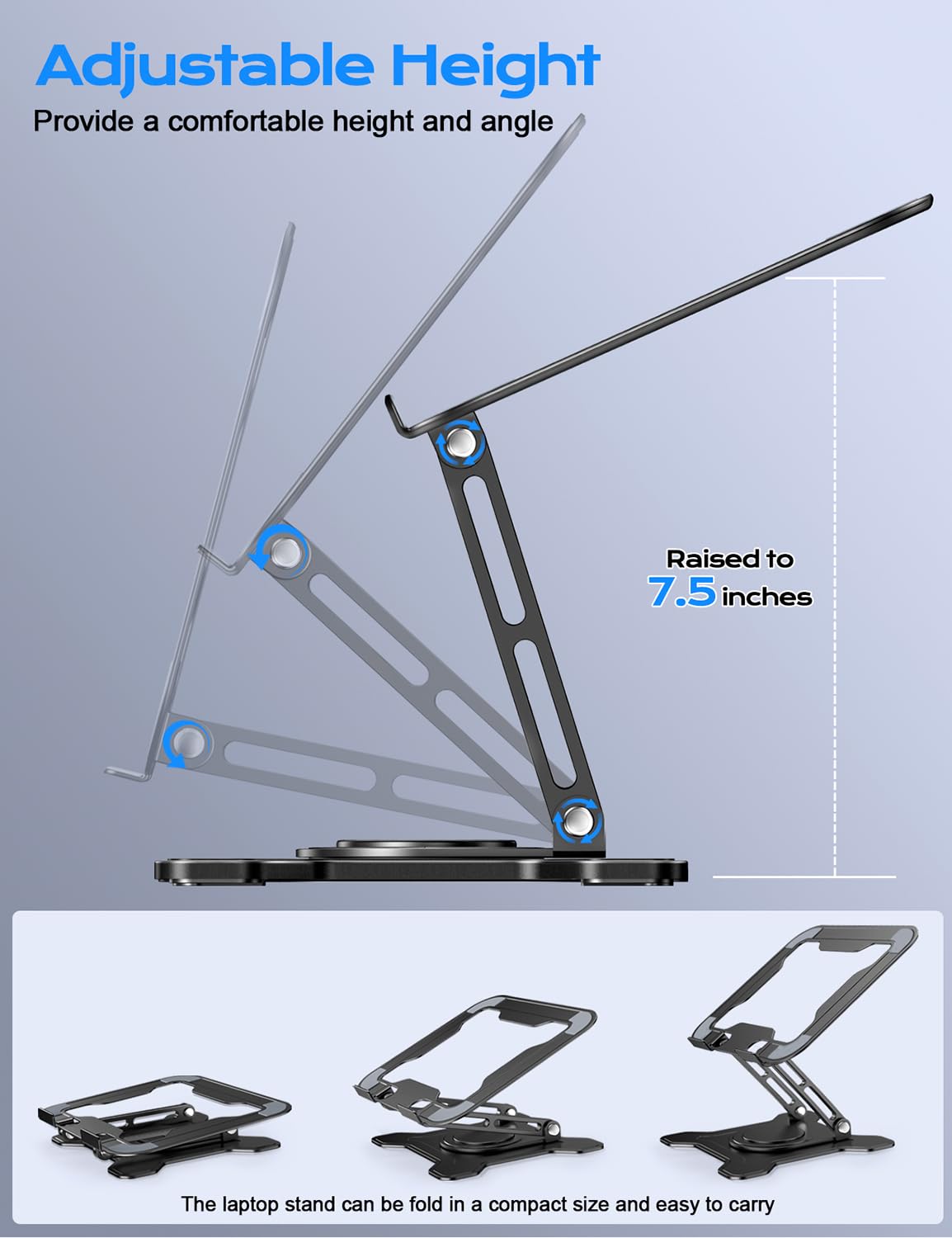 JCZT Adjustable Laptop Stand for Desk, 360° Rotating Base Ergonomic Computer Stand, Laptop Riser Foldable Protable for Office Home Fits Compatible with MacBook Pro/Air Notebook up to 10-16" Black