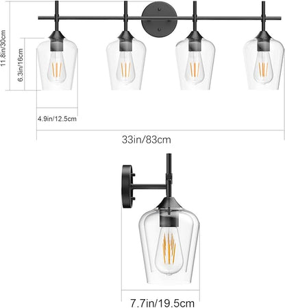 Ralbay Vintage Bathroom Vanity Lighting Fixtures 4-Lights Industrial Matte Black Finish with Clear Glass Vanity Lights Farmhouse Bathroom Vanity Lights Wall Sconce