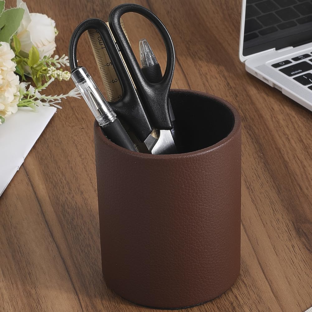 CALFOVERA PU Leather Round Pencil Cup Holder for Desk Multifunctional Stationery Container Luxury Brown Leather Pens Glitter Bling Makeup Brush Stroage Box Case Desktop Organizer for Office