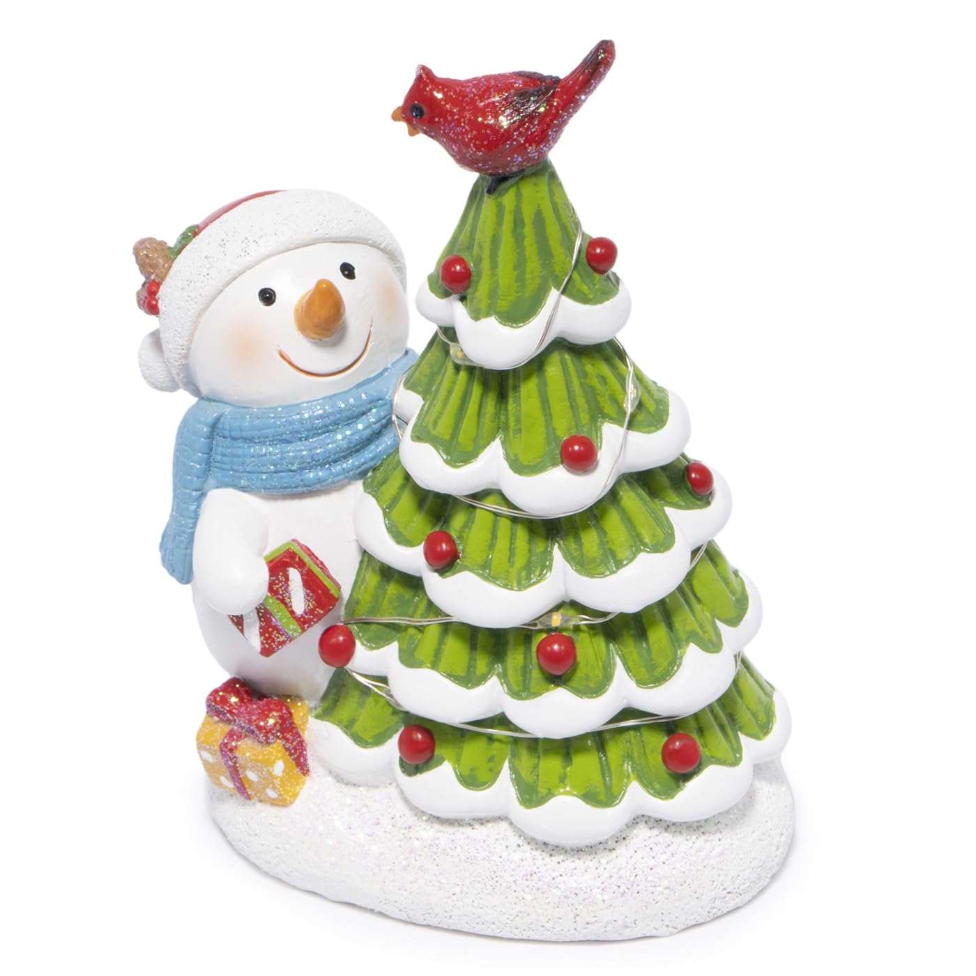 Hodao Christmas Tree Figurine Decorations — Lighted Hand-Painted Resin Snowman with Cardinal, Tabletop Decor for Family or Friends | Mantel, Shelf, Living Room Display