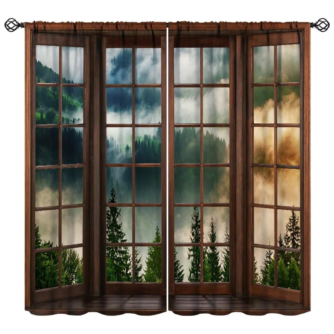 Green Misty Landscape Curtains, Nature Foggy Tree Mountain Scenery Retro Woodland 3D Landscape Blackout Window Treatments for Bedroom Living Room Kitchen 42x54 Inch