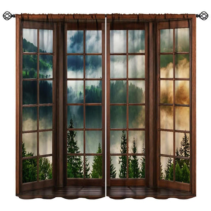 Green Misty Landscape Curtains, Nature Foggy Tree Mountain Scenery Retro Woodland 3D Landscape Blackout Window Treatments for Bedroom Living Room Kitchen 42x54 Inch